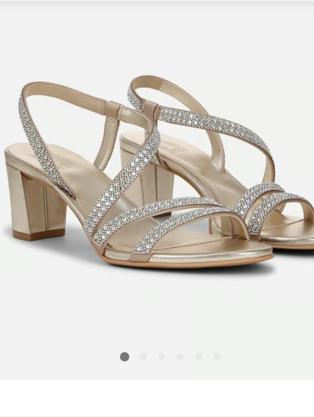 Naturalizer Women's Gold Strappy Block Heel Sandals with Crystal Accents.